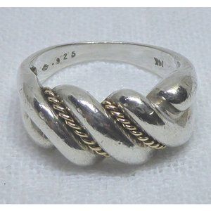 Sterling Silver & 14K Gold Shrimp Ring With Rope Twist Signed With Crown Mark